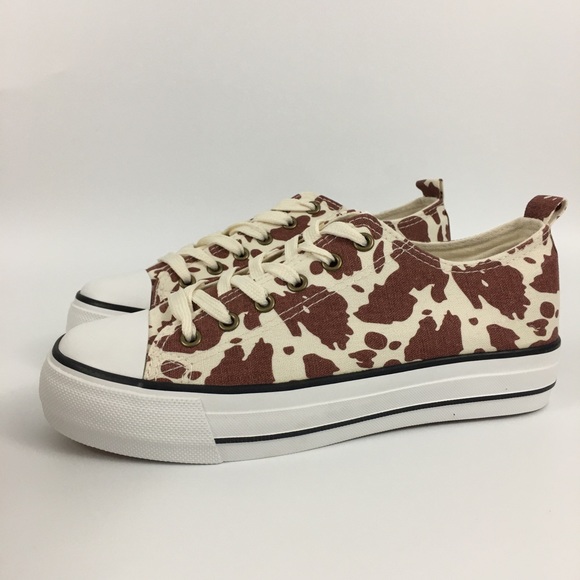 Olive Miller Brown White Cow Print Low Sneaker 8 - Picture 3 of 7